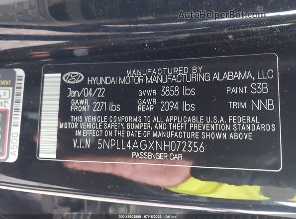 5NPLL4AGXNH072356 2022 HYUNDAI ELANTRA Black Engine compartment view