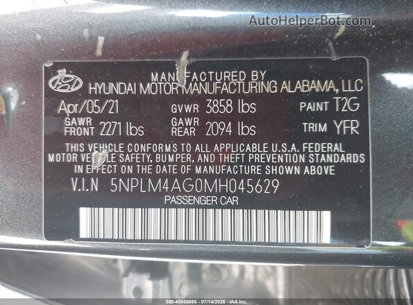 5NPLM4AG0MH045629 2021 HYUNDAI ELANTRA Gray Շարժիչի բաժամունքի տեսք