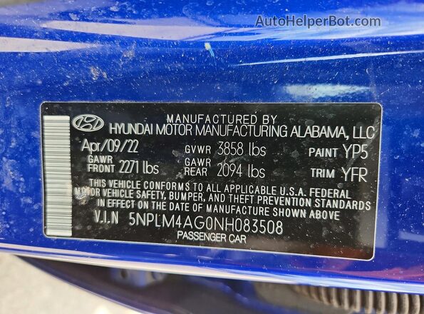 5NPLM4AG0NH083508 2022 HYUNDAI ELANTRA Blue Շարժիչի բաժամունքի տեսք
