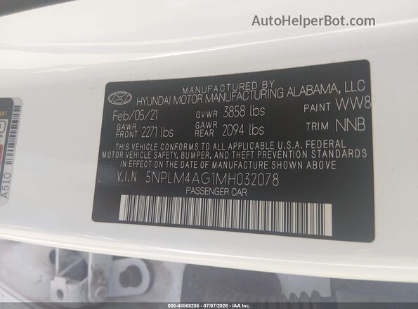 5NPLM4AG1MH032078 2021 HYUNDAI ELANTRA White Вид підкапотного простору