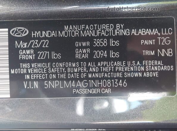 5NPLM4AG1NH081346 2022 HYUNDAI ELANTRA Gray ძრავის განყოფილების ხედი
