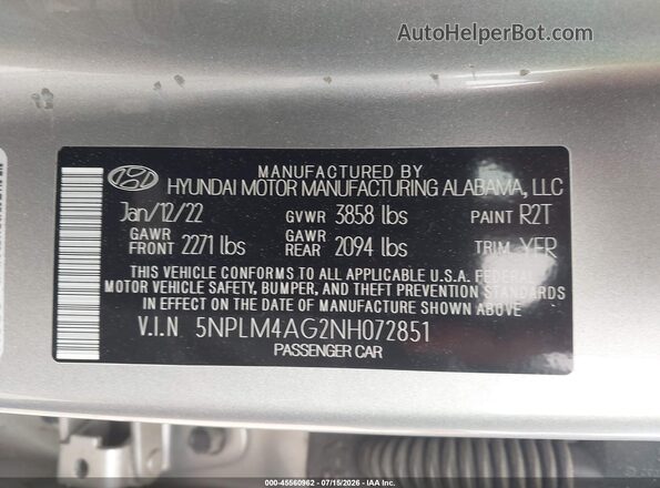 5NPLM4AG2NH072851 2022 HYUNDAI ELANTRA Silver Вид підкапотного простору