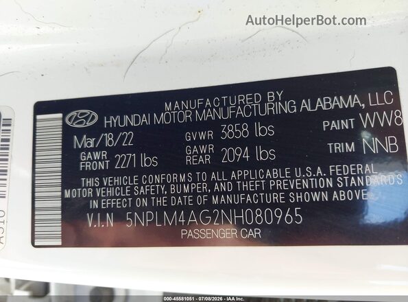 5NPLM4AG2NH080965 2022 HYUNDAI ELANTRA White Vista del compartimento del motor