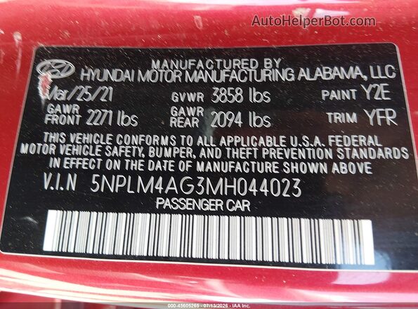 5NPLM4AG3MH044023 2021 HYUNDAI ELANTRA Red ძრავის განყოფილების ხედი