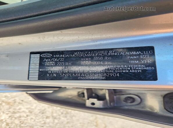 5NPLM4AG3NH082904 2022 HYUNDAI ELANTRA Silver Vista de la etiqueta del VIN