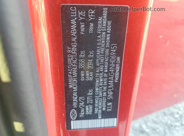 5NPLM4AG4NH069451 2022 HYUNDAI ELANTRA Red Вид наклейки з VIN-кодом