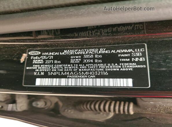 5NPLM4AG5MH032116 2021 HYUNDAI ELANTRA Черный Вид наклейки с VIN-кодом