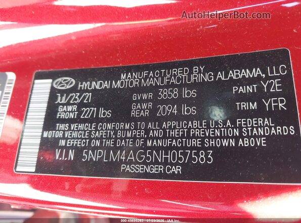 5NPLM4AG5NH057583 2022 HYUNDAI ELANTRA Red Շարժիչի բաժամունքի տեսք