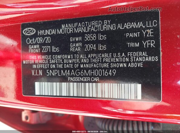 5NPLM4AG6MH001649 2021 HYUNDAI ELANTRA Red ძრავის განყოფილების ხედი