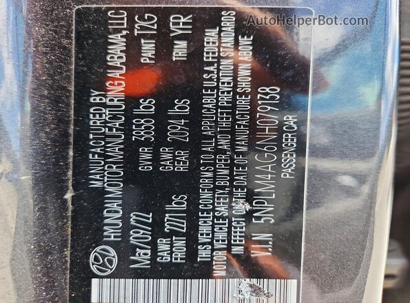 5NPLM4AG6NH079138 2022 HYUNDAI ELANTRA Gray ძრავის განყოფილების ხედი