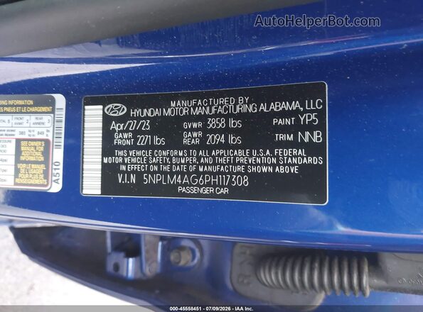 5NPLM4AG6PH117308 2023 HYUNDAI ELANTRA Blue Շարժիչի բաժամունքի տեսք