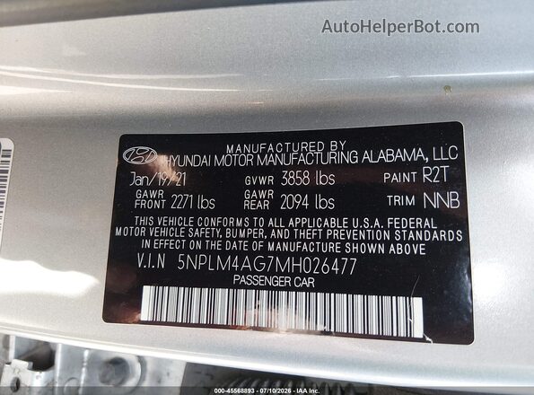 5NPLM4AG7MH026477 2021 HYUNDAI ELANTRA Silver Widok komory silnika