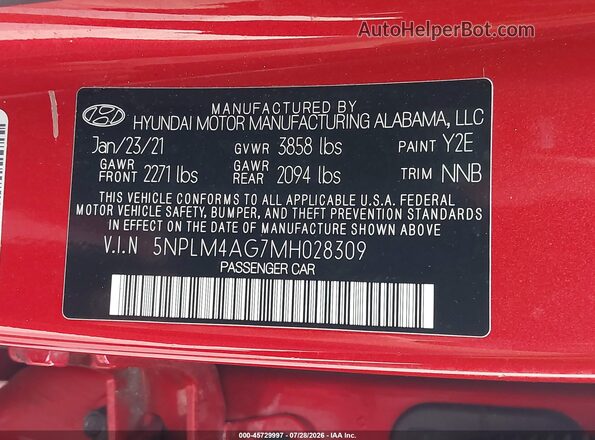 5NPLM4AG7MH028309 2021 HYUNDAI ELANTRA Red Вид підкапотного простору
