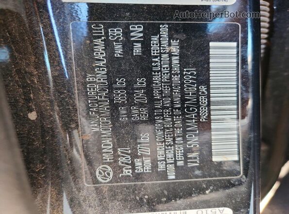 5NPLM4AG7MH029931 2021 HYUNDAI ELANTRA Black VIN կոդի պիտակի տեսք