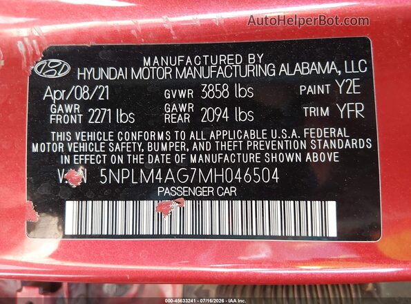 5NPLM4AG7MH046504 2021 HYUNDAI ELANTRA Red ძრავის განყოფილების ხედი