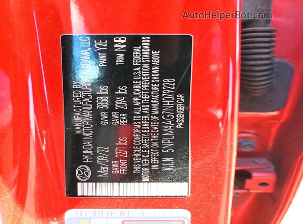 5NPLM4AG7NH079228 2022 HYUNDAI ELANTRA Red Widok komory silnika