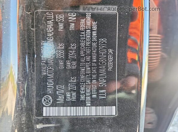 5NPLM4AG8NH079738 2022 HYUNDAI ELANTRA Black VIN კოდის სტიკერის ხედი