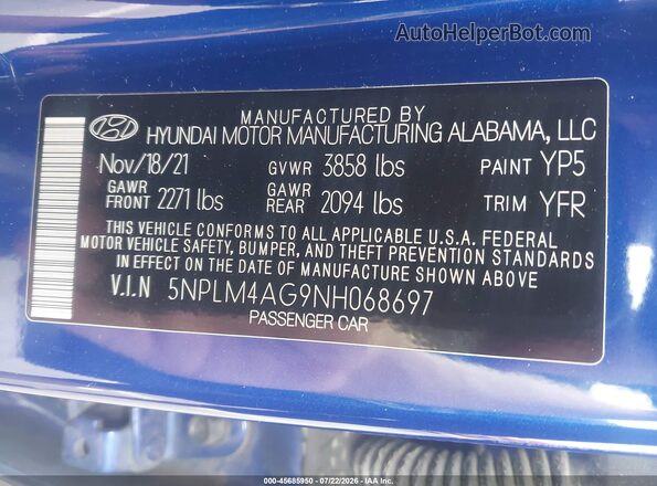 5NPLM4AG9NH068697 2022 HYUNDAI ELANTRA Blue Widok komory silnika