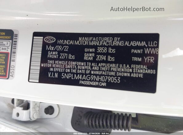 5NPLM4AG9NH079053 2022 HYUNDAI ELANTRA White ძრავის განყოფილების ხედი