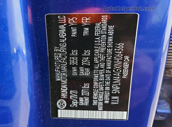 5NPLM4AGXNH064366 2022 HYUNDAI ELANTRA Blue Widok naklejki z numerem VIN
