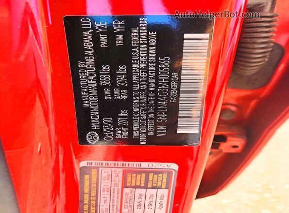 5NPLN4AG3MH005865 2021 HYUNDAI ELANTRA Red Vista de la etiqueta del VIN