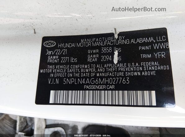 5NPLN4AG6MH027763 2021 HYUNDAI ELANTRA White ძრავის განყოფილების ხედი