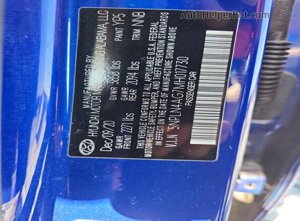 5NPLN4AG7MH017730 2021 HYUNDAI ELANTRA Blue ძრავის განყოფილების ხედი