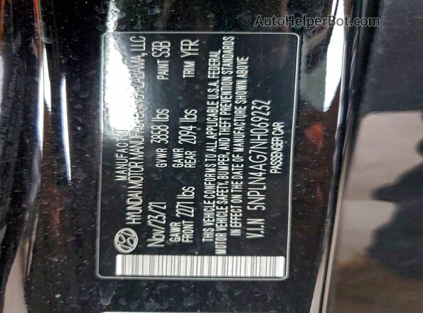 5NPLN4AG7NH069232 2022 HYUNDAI ELANTRA Black Вид наклейки з VIN-кодом