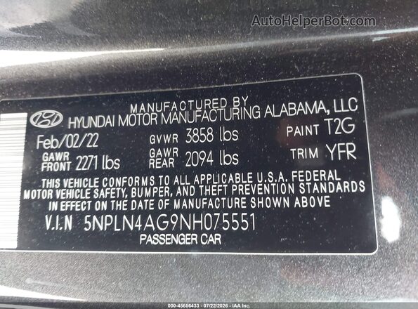 5NPLN4AG9NH075551 2022 HYUNDAI ELANTRA Gray Widok komory silnika