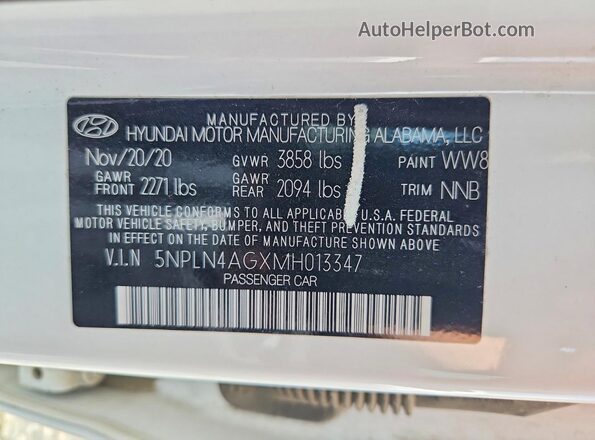 5NPLN4AGXMH013347 2021 HYUNDAI ELANTRA White Vista de la etiqueta del VIN