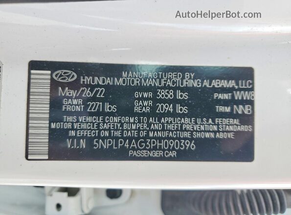 5NPLP4AG3PH090396 2023 HYUNDAI ELANTRA White VIN կոդի պիտակի տեսք