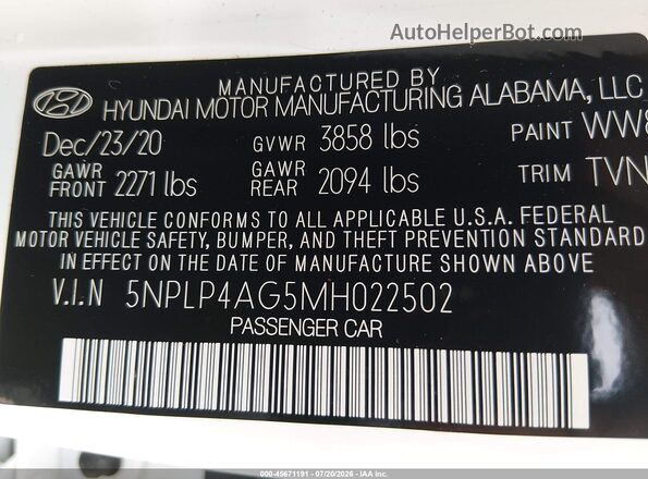 5NPLP4AG5MH022502 2021 HYUNDAI ELANTRA White Vista del compartimento del motor