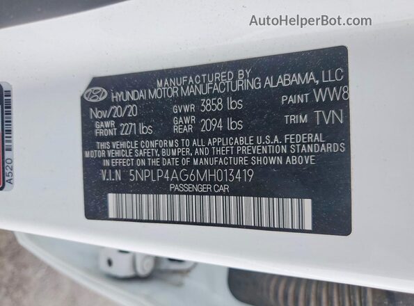 5NPLP4AG6MH013419 2021 HYUNDAI ELANTRA White Vista de la etiqueta del VIN