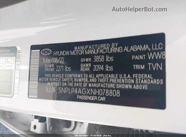 5NPLP4AGXNH078808 2022 HYUNDAI ELANTRA White Widok komory silnika