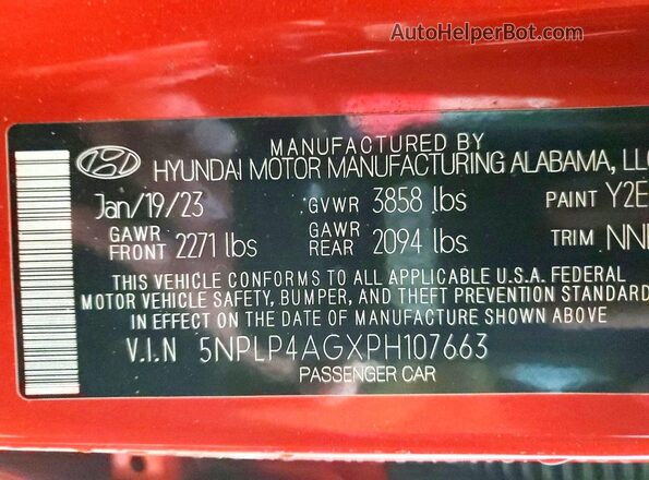 5NPLP4AGXPH107663 2023 HYUNDAI ELANTRA Красный Вид наклейки с VIN-кодом