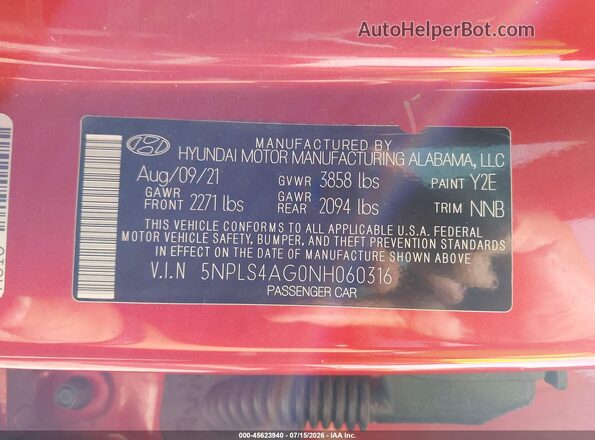 5NPLS4AG0NH060316 2022 HYUNDAI ELANTRA Red Engine compartment view