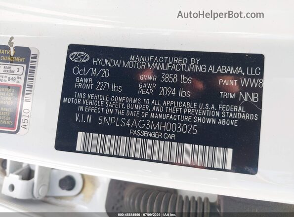 5NPLS4AG3MH003025 2021 HYUNDAI ELANTRA White ძრავის განყოფილების ხედი