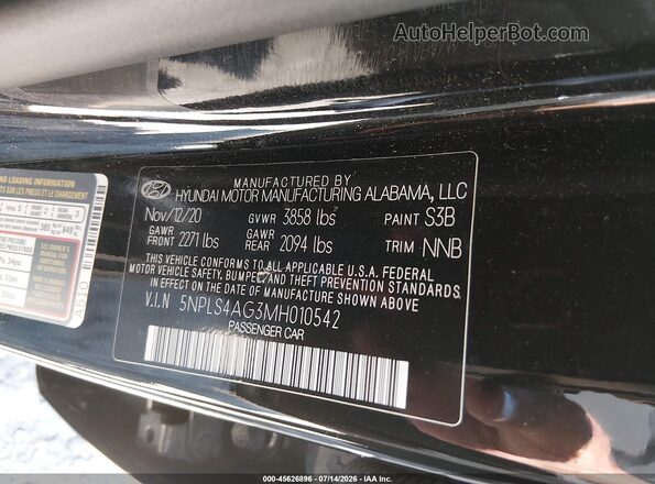 5NPLS4AG3MH010542 2021 HYUNDAI ELANTRA Черный Вид подкапотного пространства