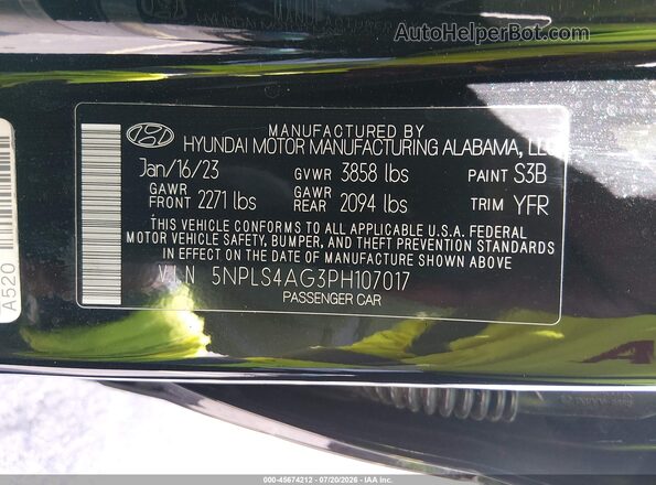 5NPLS4AG3PH107017 2023 HYUNDAI ELANTRA Black Vista del compartimento del motor