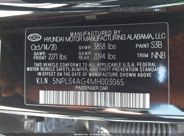 5NPLS4AG4MH003065 2021 HYUNDAI ELANTRA Black Vista del compartimento del motor
