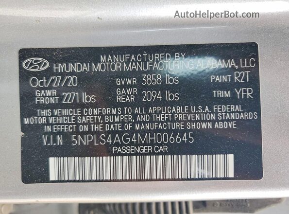 5NPLS4AG4MH006645 2021 HYUNDAI ELANTRA Silver Widok komory silnika