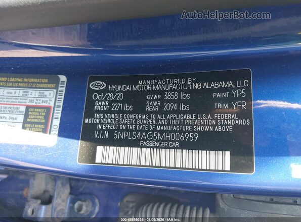 5NPLS4AG5MH006959 2021 HYUNDAI ELANTRA Blue ძრავის განყოფილების ხედი