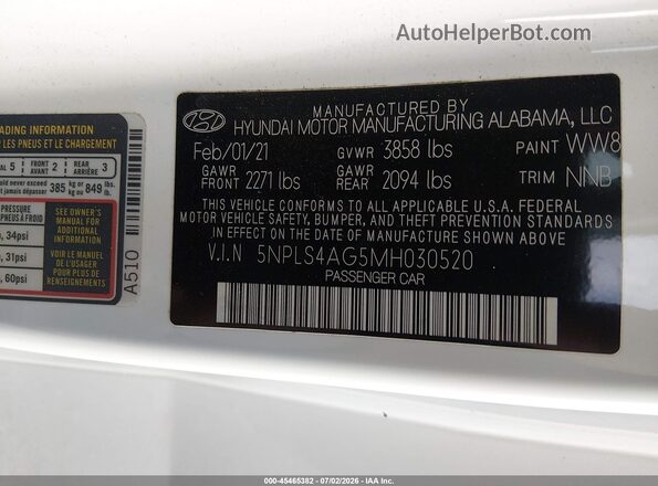 5NPLS4AG5MH030520 2021 HYUNDAI ELANTRA White Vista del compartimento del motor