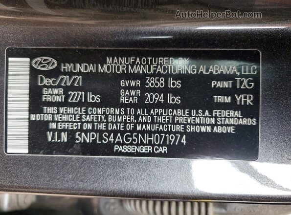 5NPLS4AG5NH071974 2022 HYUNDAI ELANTRA Gray Vista del compartimento del motor