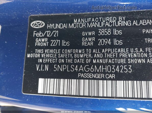 5NPLS4AG6MH034253 2021 HYUNDAI ELANTRA Blue Engine compartment view