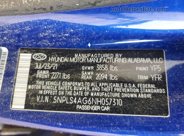 5NPLS4AG6NH057310 2022 HYUNDAI ELANTRA Blue Vista del compartimento del motor