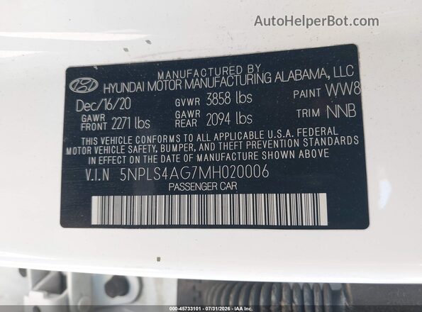5NPLS4AG7MH020006 2021 HYUNDAI ELANTRA White ძრავის განყოფილების ხედი
