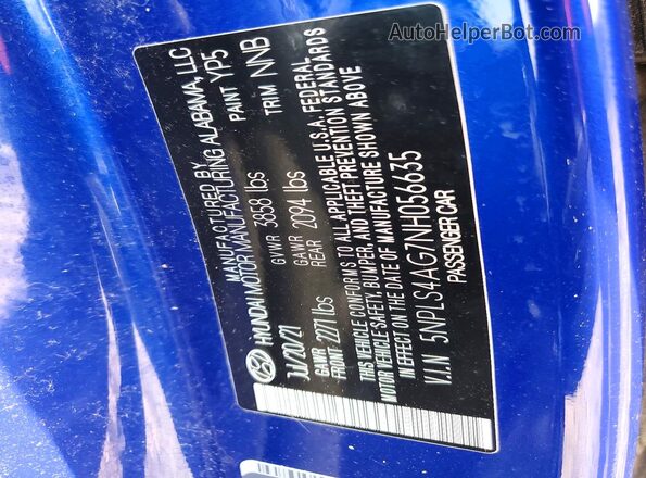 5NPLS4AG7NH056635 2022 HYUNDAI ELANTRA Blue ძრავის განყოფილების ხედი