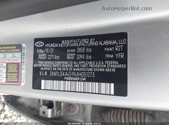 5NPLS4AG9MH051273 2021 HYUNDAI ELANTRA Silver Вид підкапотного простору