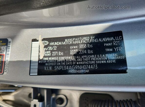 5NPLS4AG9NH074473 2022 HYUNDAI ELANTRA Silver Вид наклейки з VIN-кодом